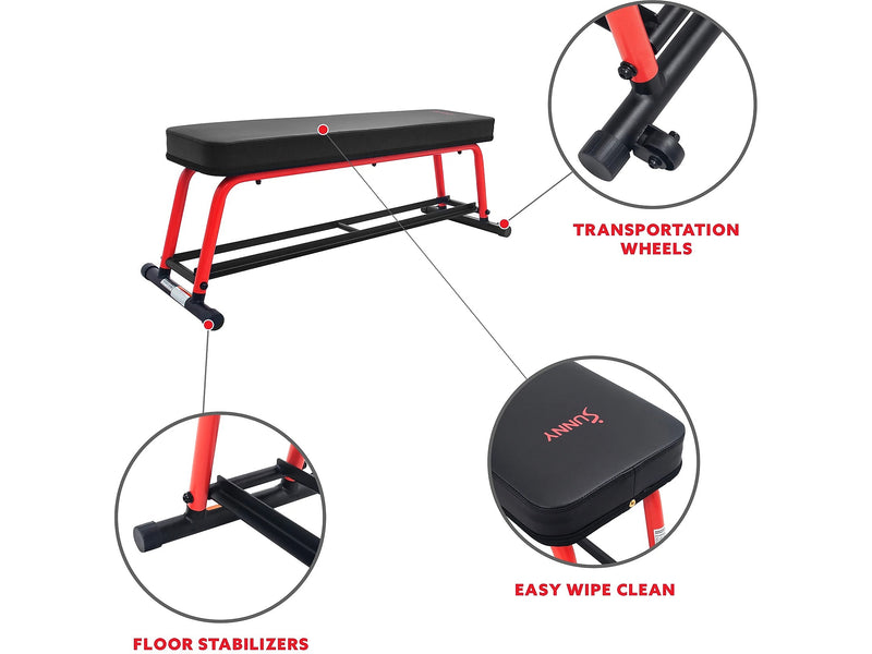 Sunny Health & Fitness Power Zone Black/Red Strength Flat Bench, 1000 Lbs. Weight Capacity (SF-BH6996)
