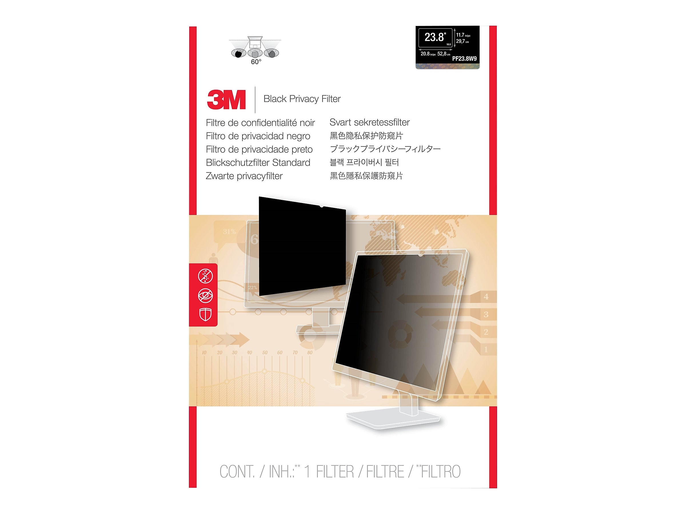 3M Anti-Glare Privacy Filter for 23.8" Widescreen Monitor, 16:9 Aspect Ratio (PF238W9B)
