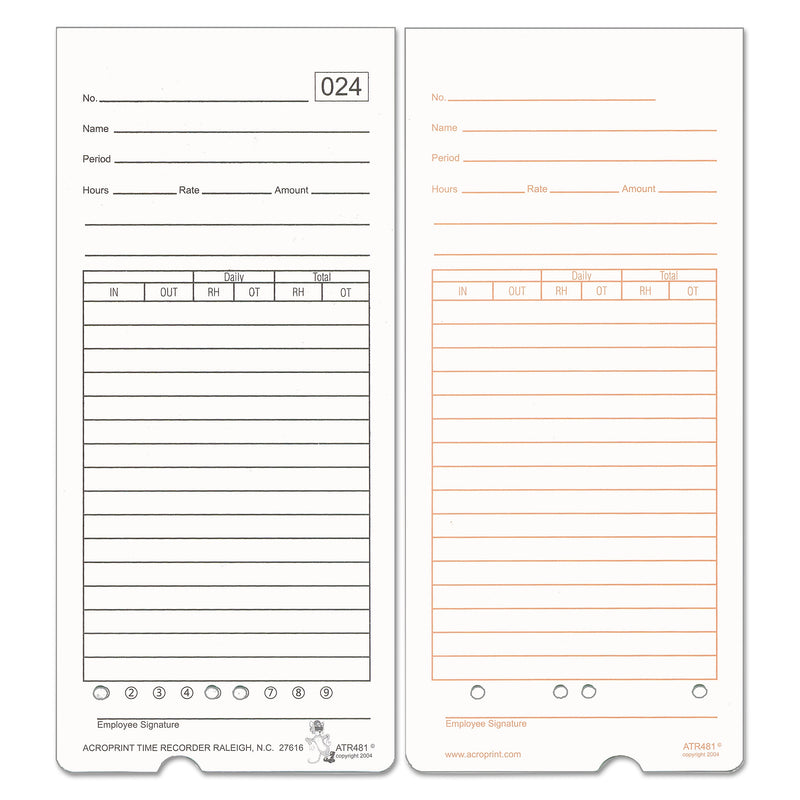 Acroprint Totalizing Time Clock Time Cards, Double Sided Sheet, 50 / Pack