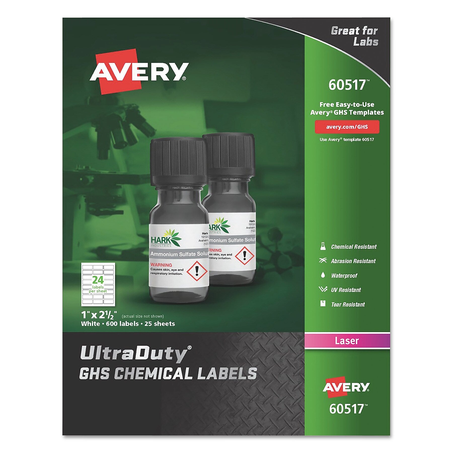 Avery UltraDuty GHS Chemical Waterproof and UV Resistant Labels, 1 x 2.5, White, 24/Sheet, 25 Sheets/Pack (AVE60517)