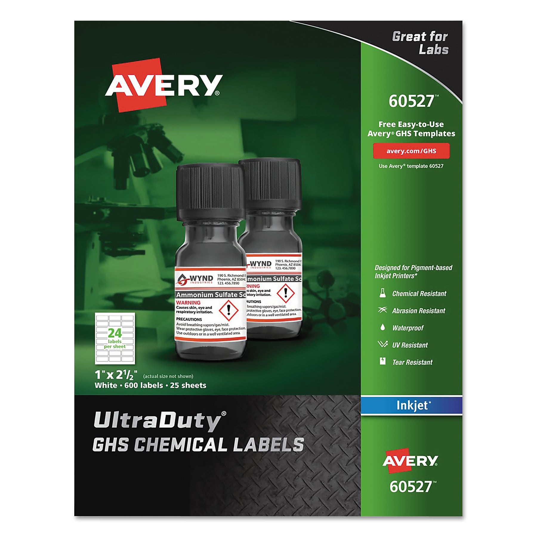 Avery UltraDuty GHS Chemical Waterproof and UV Resistant Labels, 1 x 2.5, White, 24/Sheet, 25 Sheets/Pack (AVE60527)