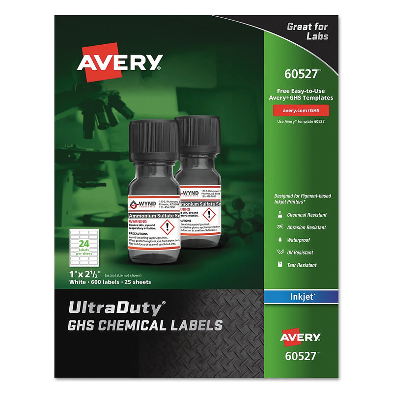 Avery UltraDuty GHS Chemical Waterproof and UV Resistant Labels, 1 x 2.5, White, 24/Sheet, 25 Sheets/Pack (AVE60527)
