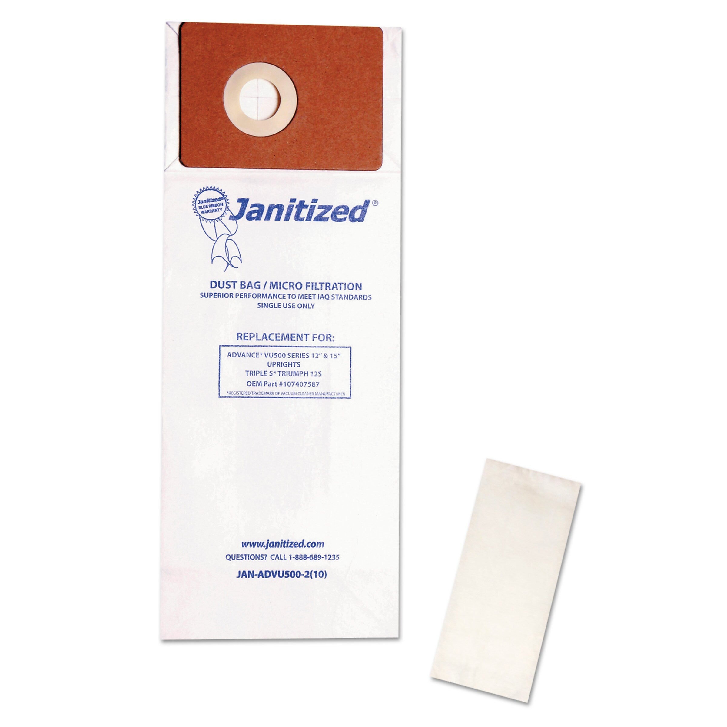 Janitized Vacuum Filter Bags Designed to Fit Advance VU500/Triple S Triumph, 100/Carton (APCADVU500210)