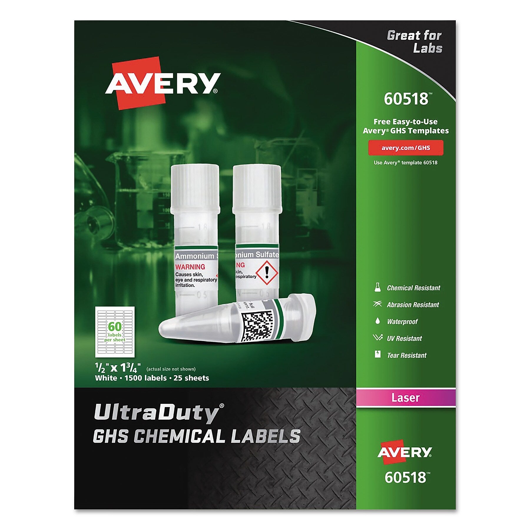 Avery UltraDuty GHS Chemical Waterproof and UV Resistant Labels, 0.5 x 1.75, White, 60/Sheet, 25 Sheets/Pack (AVE60518)