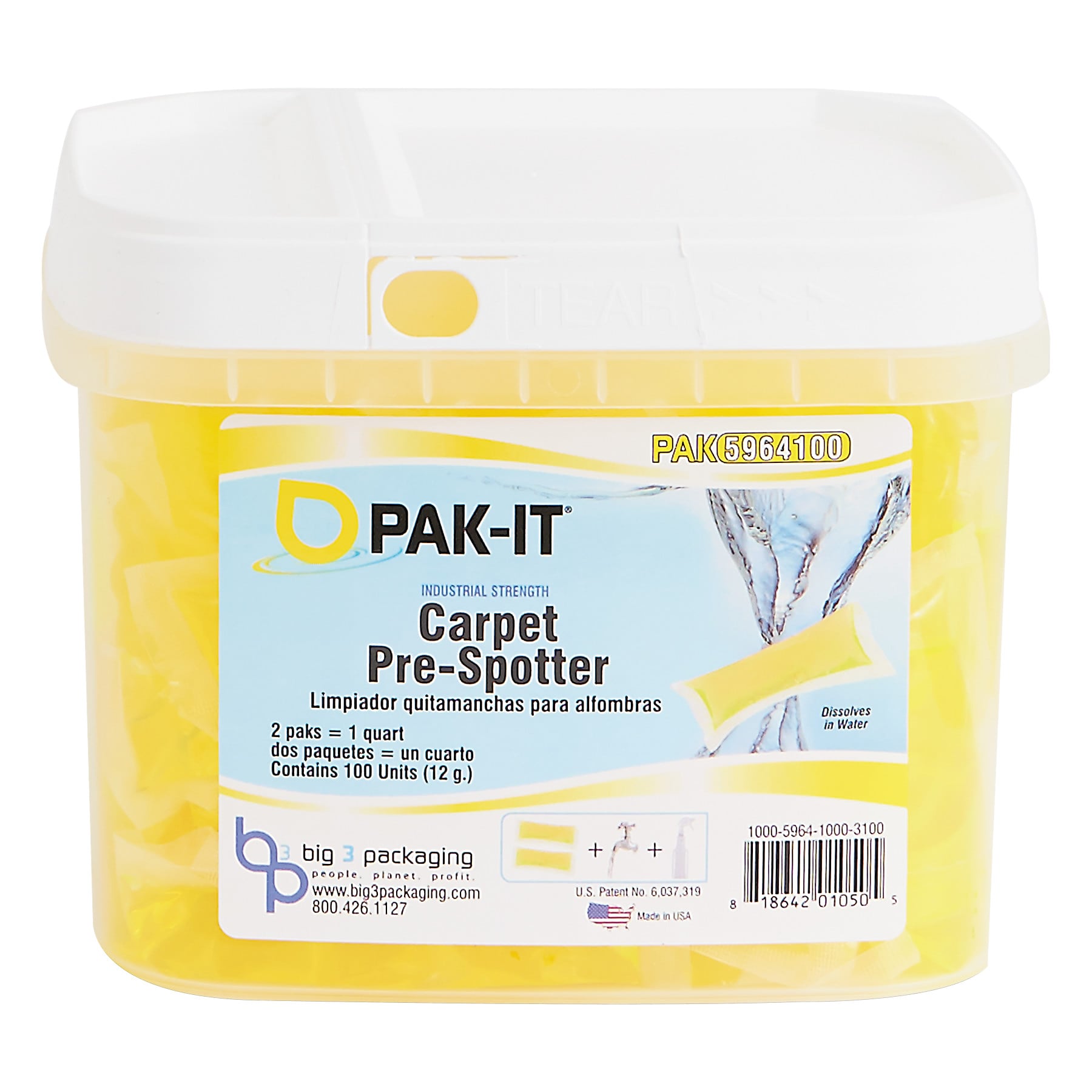 PAK-IT Carpet Pre-Spotter, Citrus Scent, 100 PAK-ITs/Tub, 4 Tubs/Carton (BIG5964203400CT)