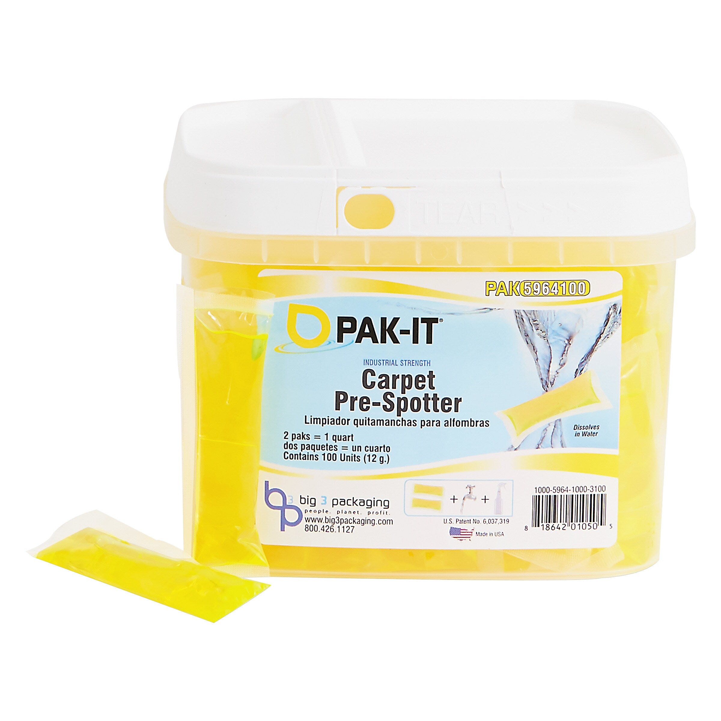 PAK-IT Carpet Pre-Spotter, Citrus Scent, 100 PAK-ITs/Tub, 4 Tubs/Carton (BIG5964203400CT)