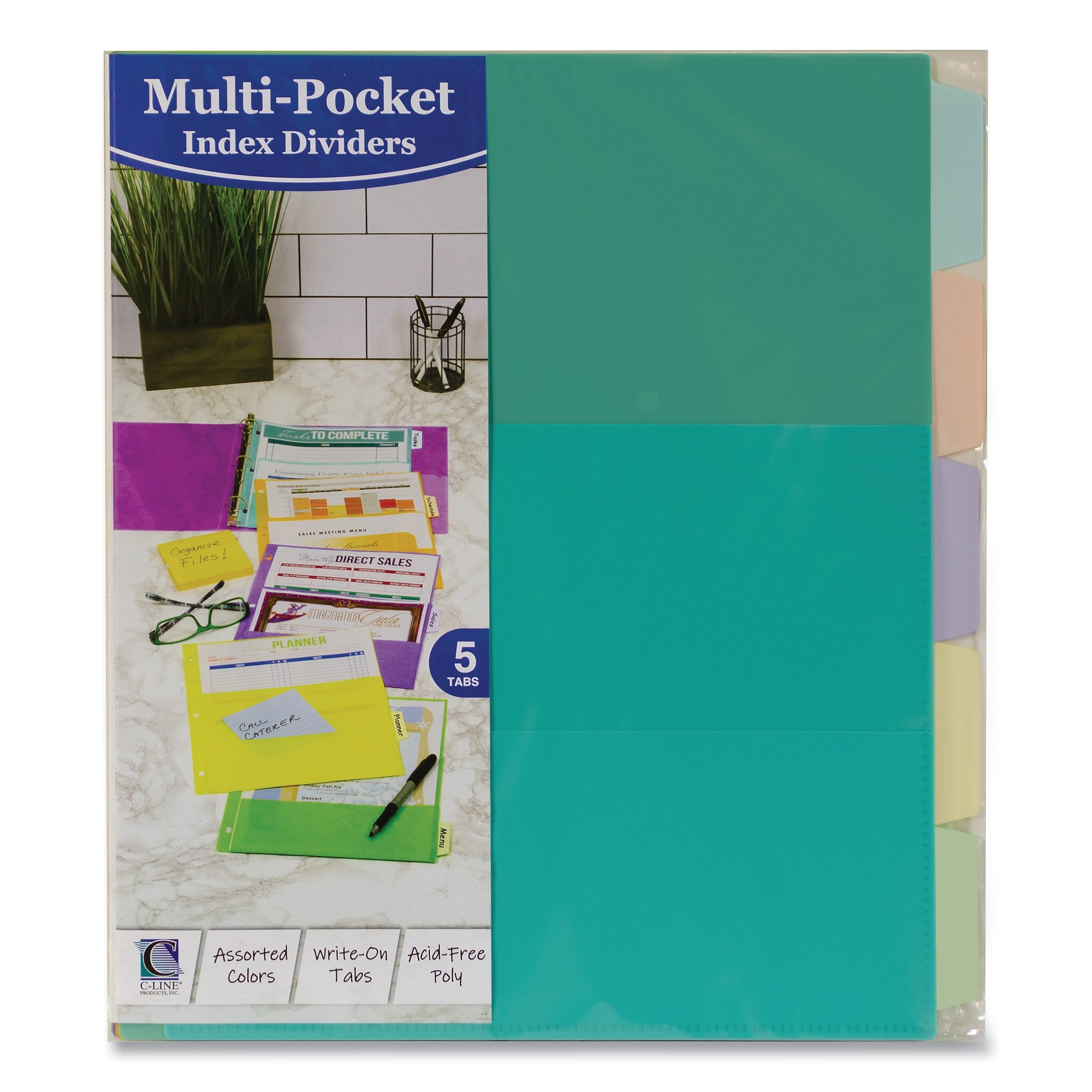 C-Line Index Dividers with Multi-Pockets, 5-Tab, 11.5 x 10, Assorted, 1 Set (CLI07650)