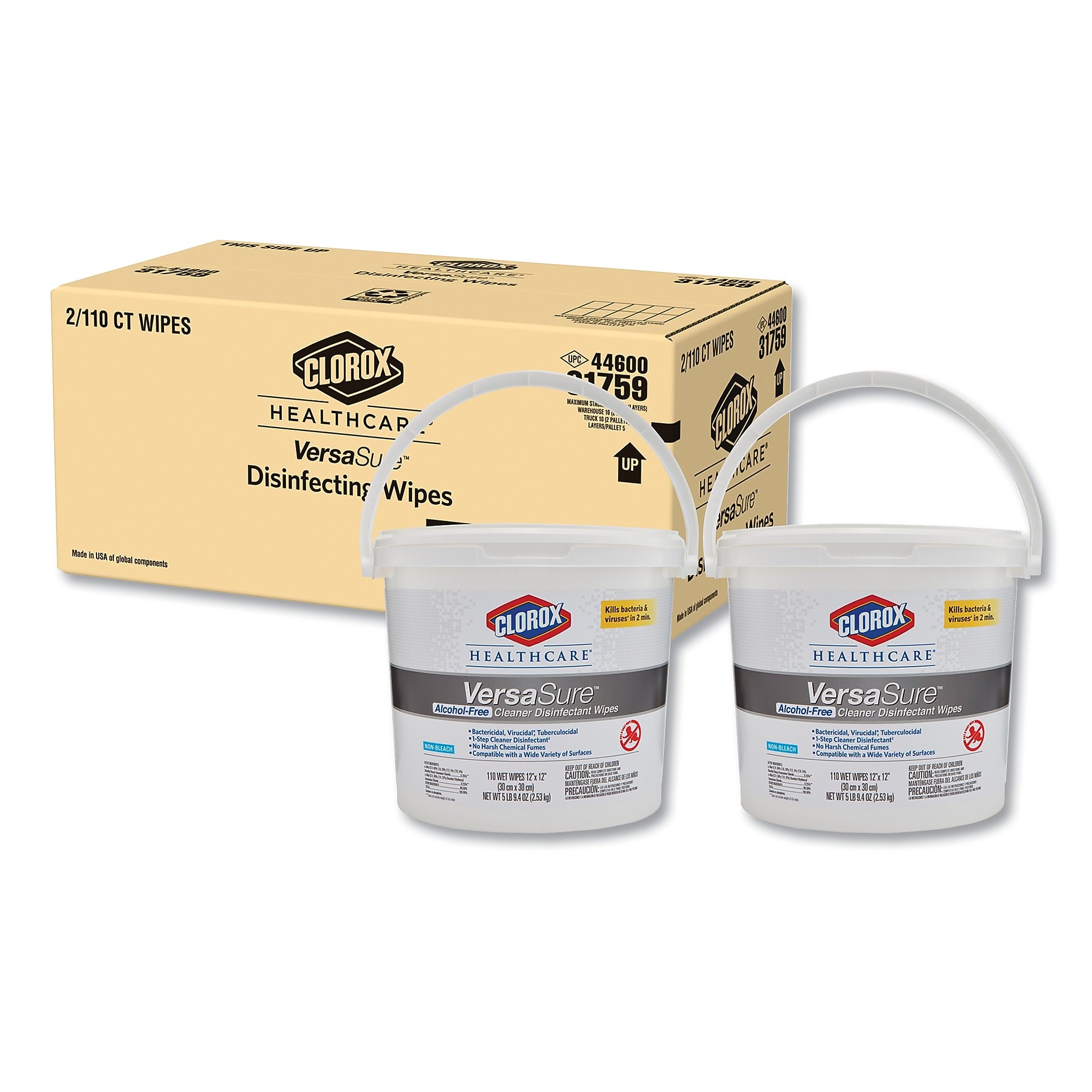 Clorox VersaSure Disinfecting Wipes, 1-Ply, 12" x 12", White, 110/Bucket, 2/Carton (CLO31759)