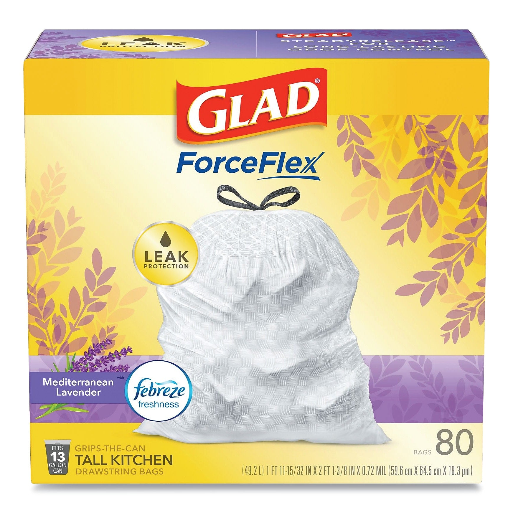 Glad OdorShield Tall Kitchen Drawstring Bags, 13 gal, 0.95 mil, 24" x 27.38", White, 80/Box (CLO78902BX)