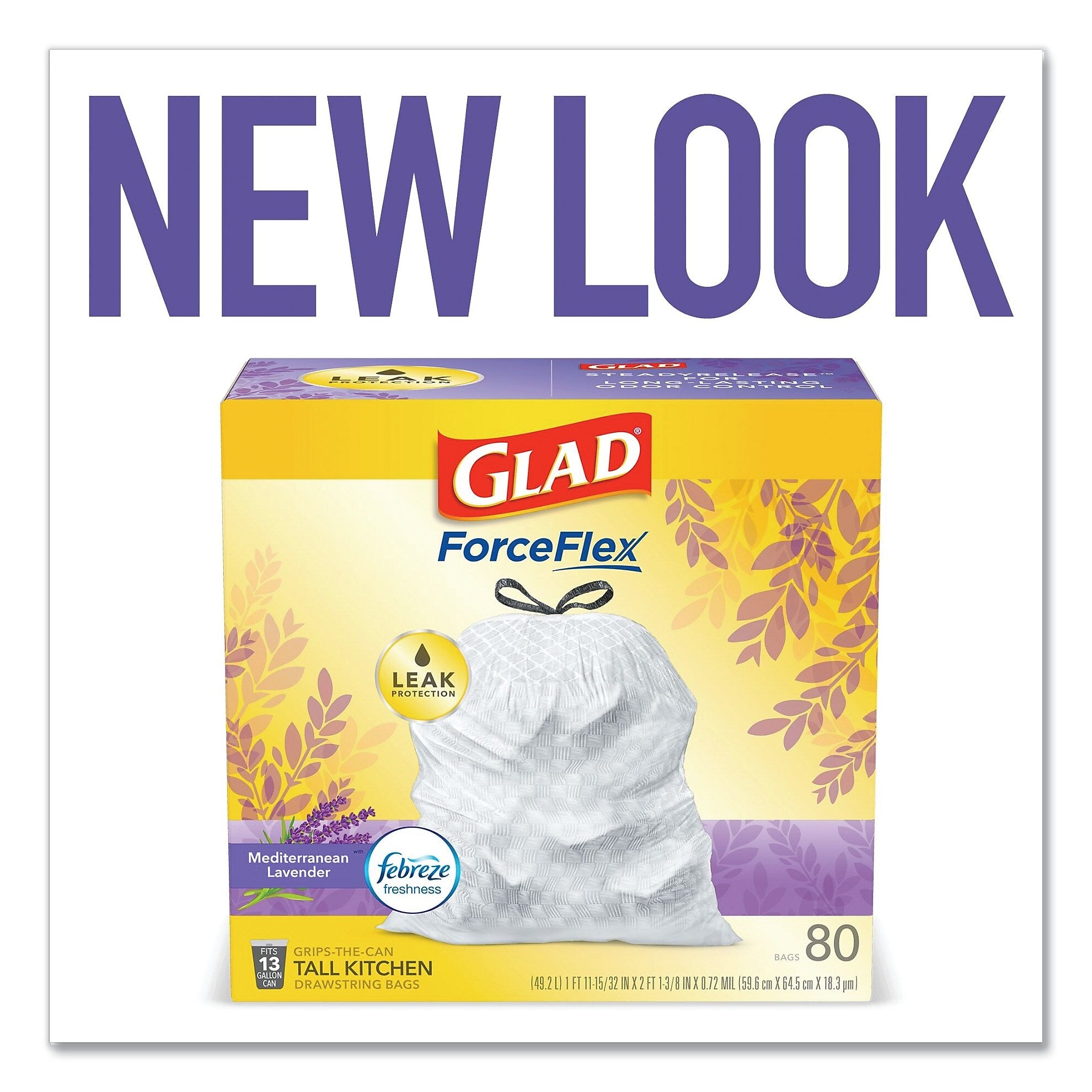 Glad OdorShield Tall Kitchen Drawstring Bags, 13 gal, 0.95 mil, 24" x 27.38", White, 80/Box (CLO78902BX)