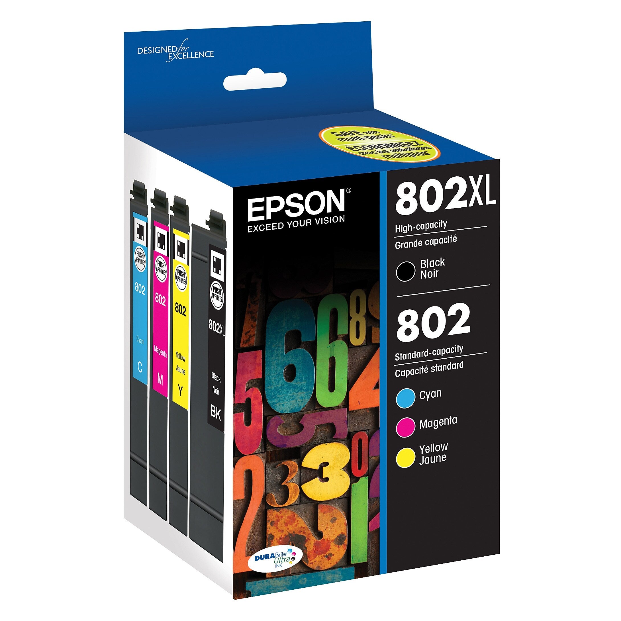 Epson T802XL/T802 Black High Yield and Cyan/Magenta/Yellow Standard Yield Ink Cartridge, 4/Pack  (T802XL- BCS)