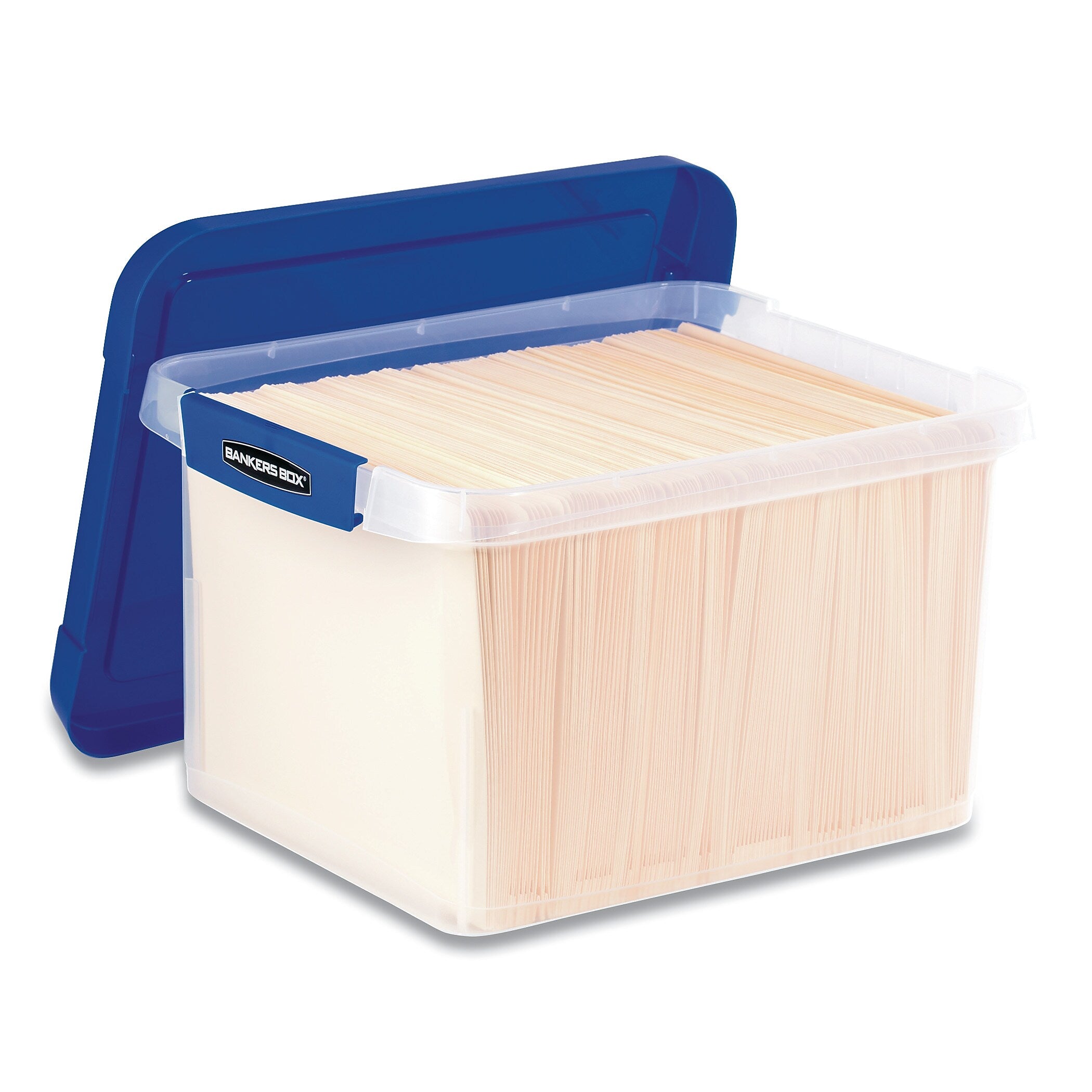 Bankers Box Heavy Duty Plastic File Storage, Letter/Legal Files, 14" x 17.38" x 10.5", Clear/Blue, 2/Pack (FEL0086202)