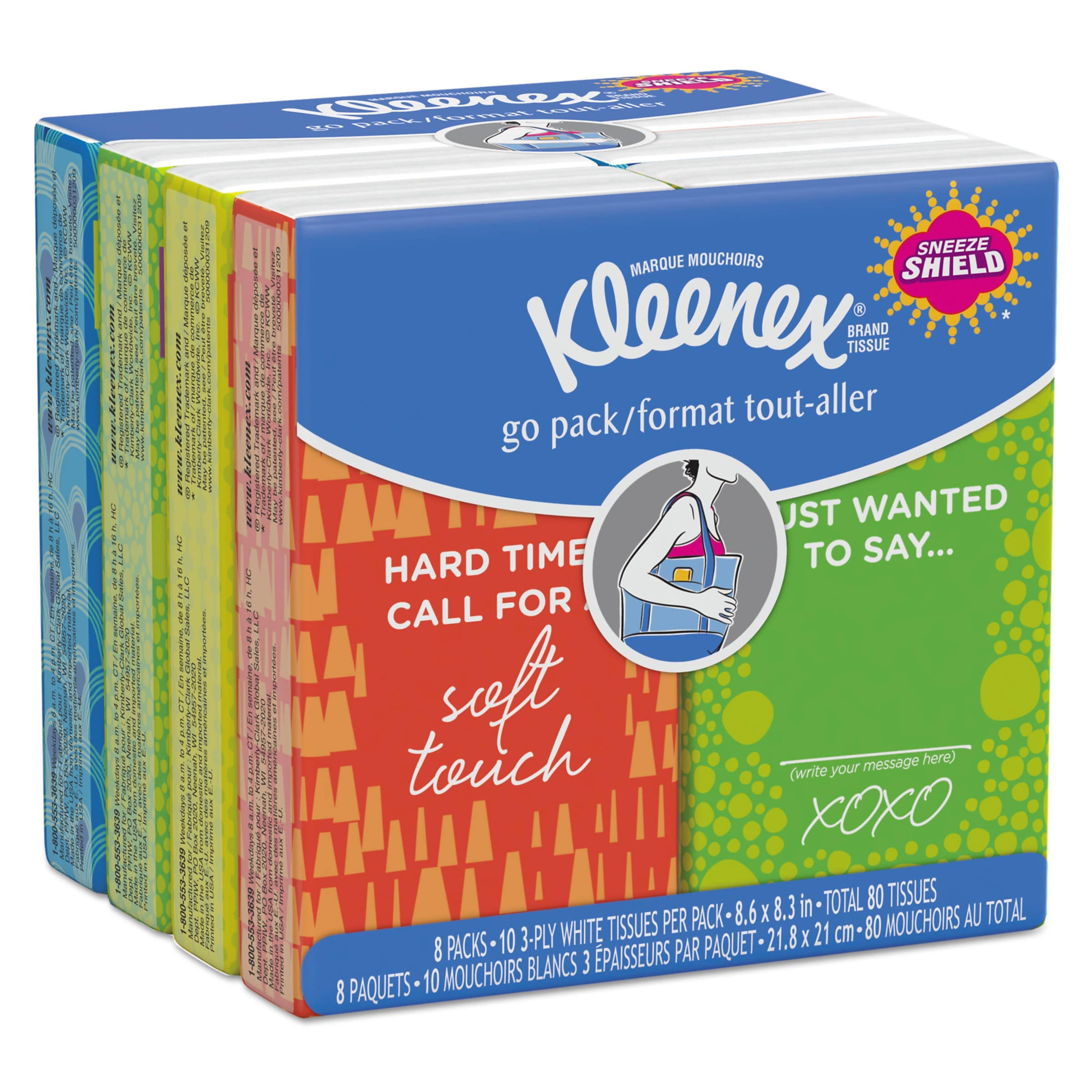 Kleenex On The Go Packs Facial Tissues, 3-Ply, White, 10 Sheets/Pouch, 8 Pouches/Pack, 12 Packs/Carton (KCC46651CT)