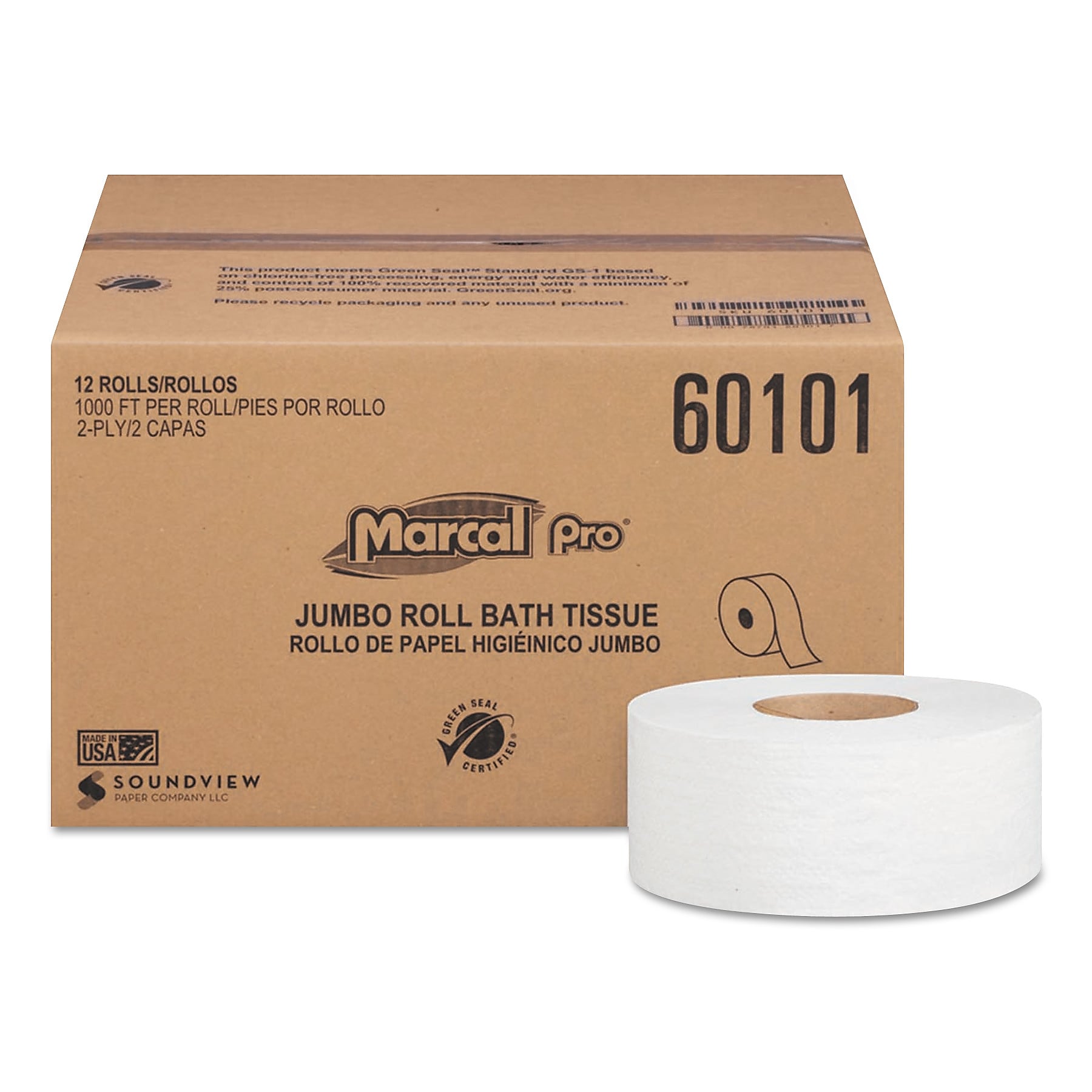 Marcal 100% Recycled Bathroom Tissue, Septic Safe, 2-Ply, White, 3.3 x 1000 ft, 12 Rolls/Carton (MRC60101)