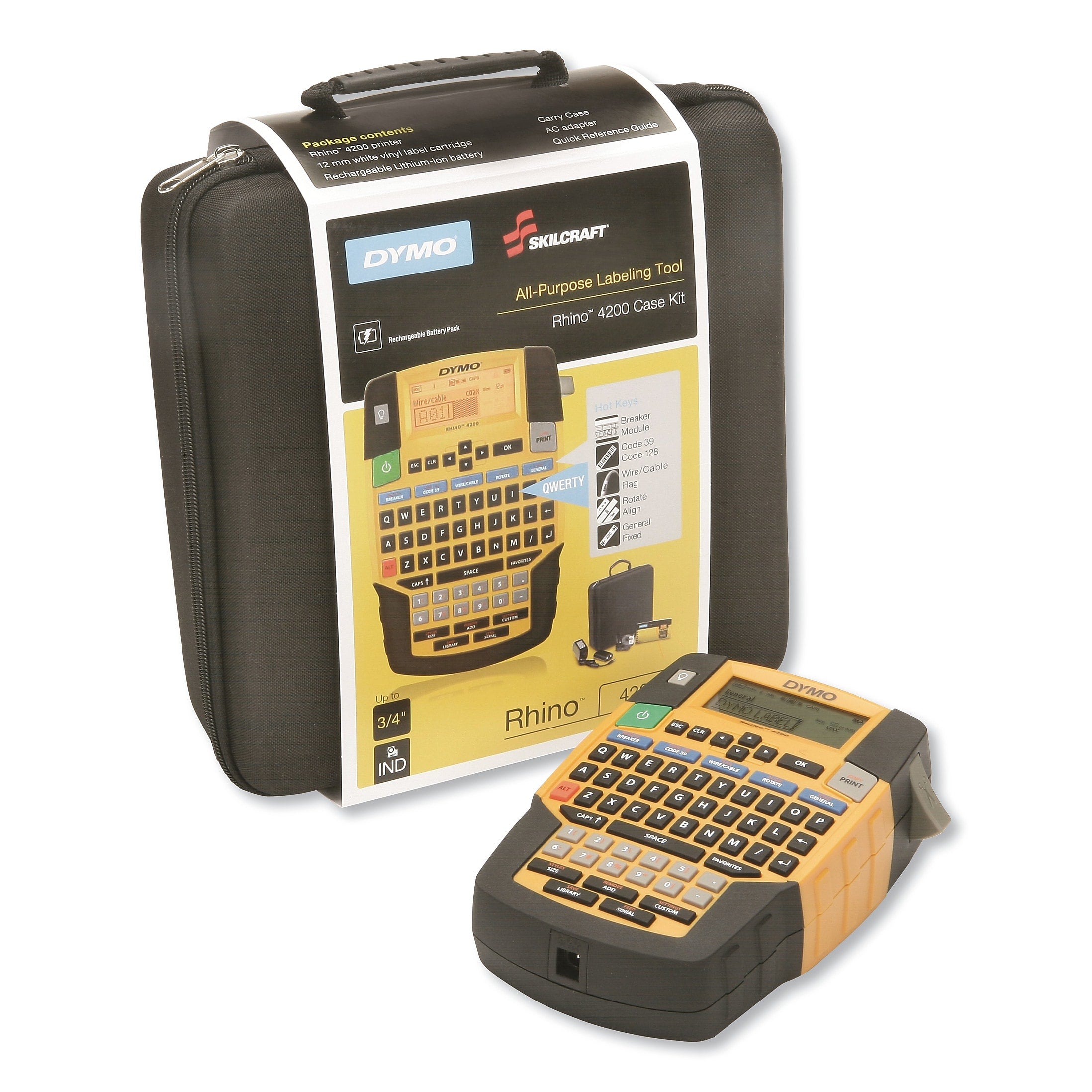 AbilityOne Dymo/SKILCRAFT Rhino 4200 All-Purpose Labeling Tool with QWERTY Keyboard, 2 Lines, 3.6 x 10.8 x 10.4 (NSN6576125)