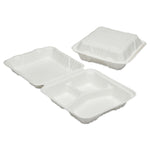 AbilityOne Plant Based 3-Compartment Clamshell To-Go Food Container with Hinged Lid, White, 200/Box (NSN6646909)