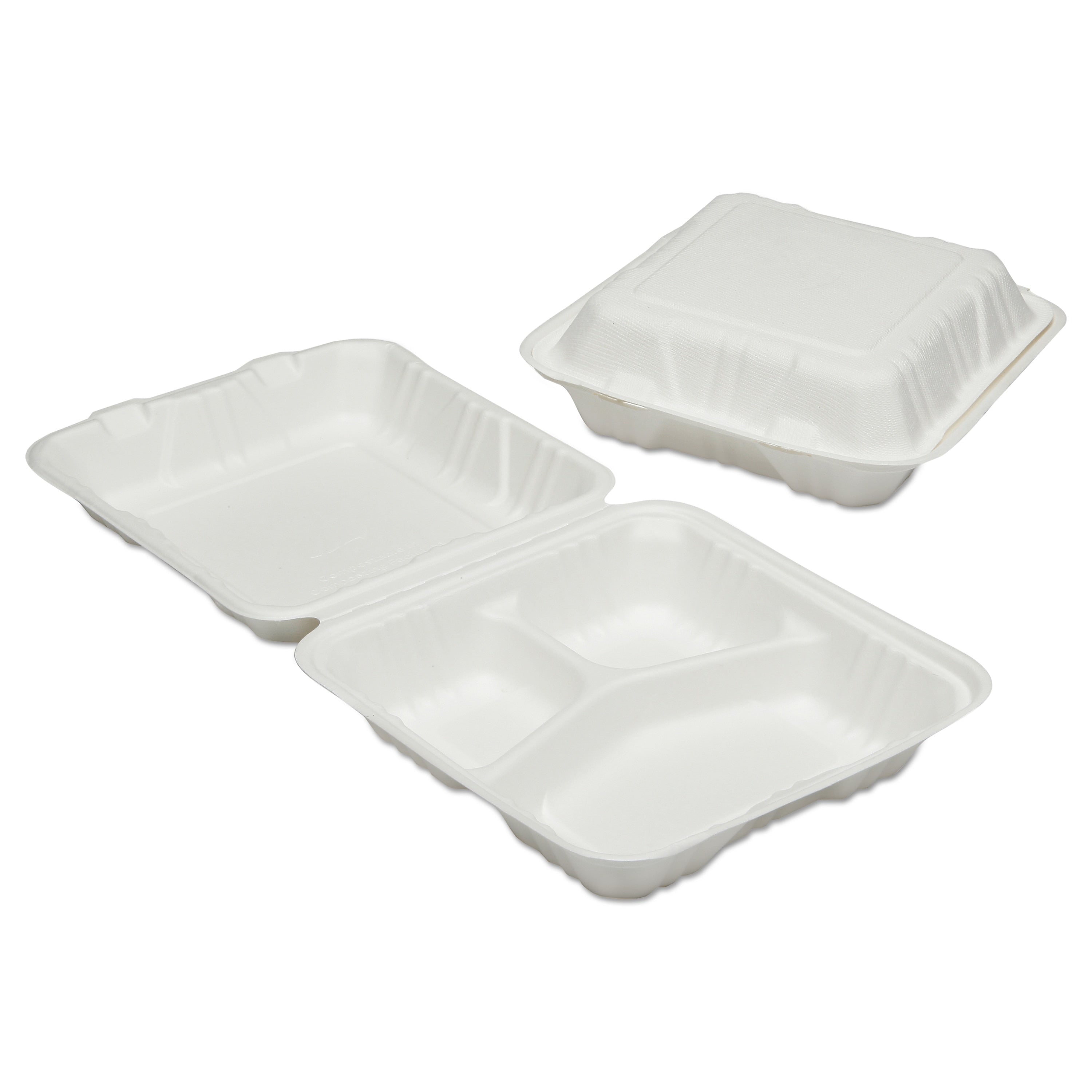 AbilityOne Plant Based 3-Compartment Clamshell To-Go Food Container with Hinged Lid, White, 200/Box (NSN6646909)