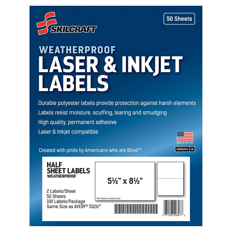 AbilityOne SKILCRAFT Weatherproof Mailing Labels, Laser Printers, 5.5 x 8.5, White, 2/Sheet, 50 Sheets/Pack (NSN6736219)