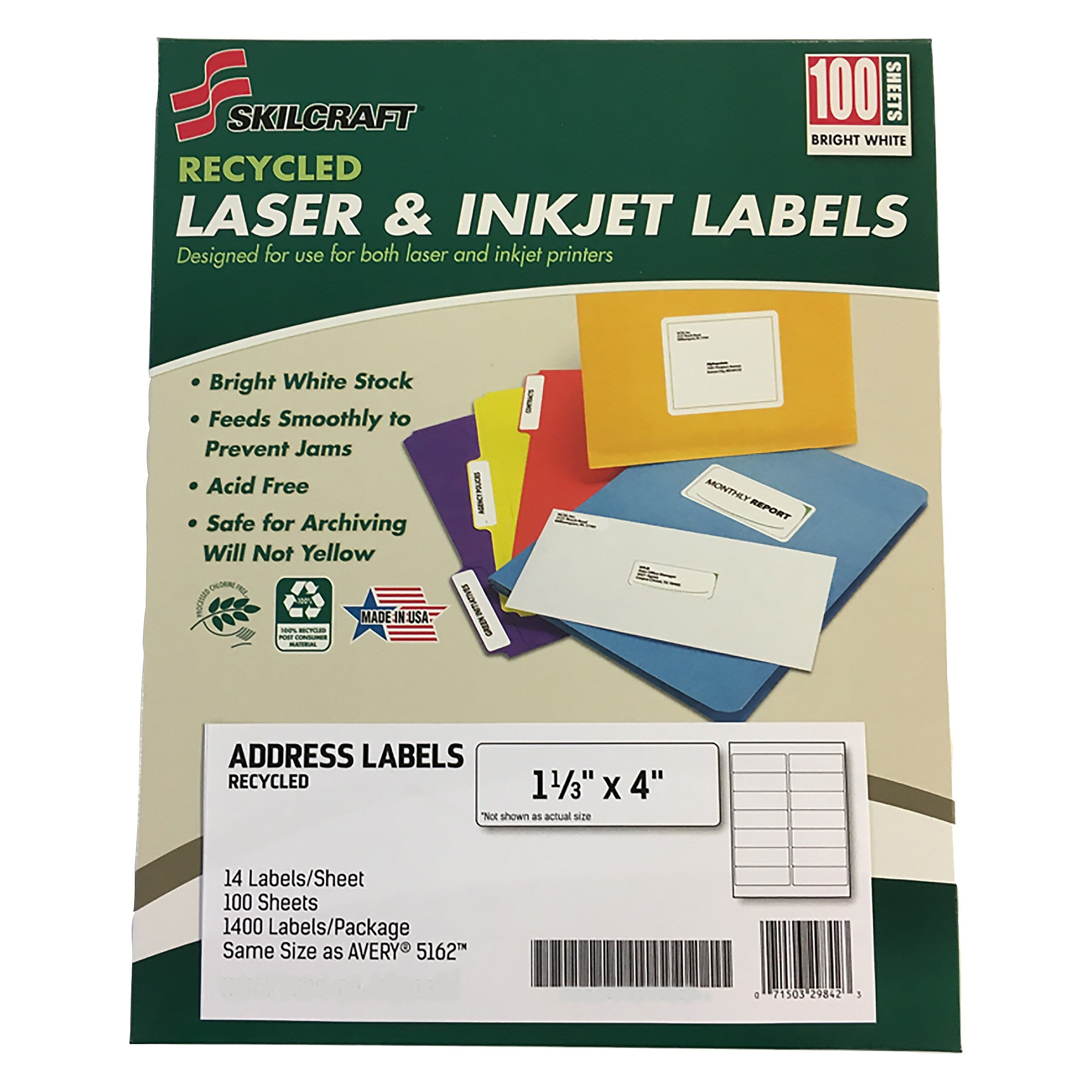 AbilityOne SKILCRAFT Recycled Labels, Inkjet/Laser Printers, 1.33 x 4, White, 14/Sheet, 100 Sheets/Box (NSN6736513)