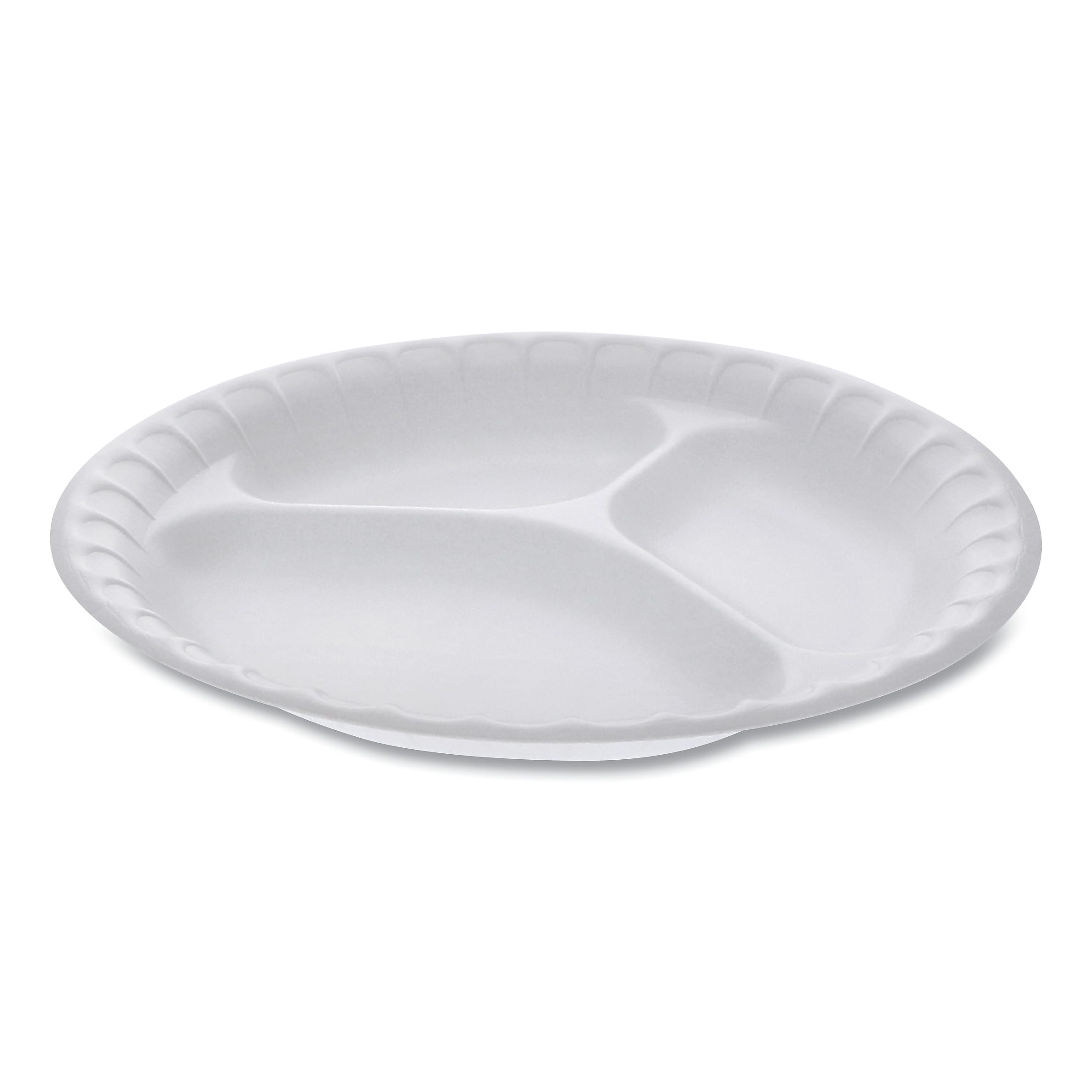 Pactiv Unlaminated Foam Dinnerware, 3-Compartment Plate, 9" Diameter, White, 500/Carton (PCT0TH10011)