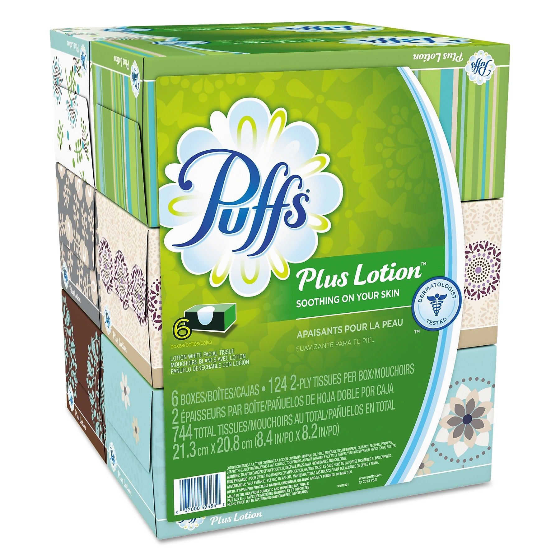 Puffs Plus Lotion Facial Tissue, 2-Ply, White, 124 Sheets/Box, 6 Boxes/Pack, 4 Packs/Carton (PGC39383)
