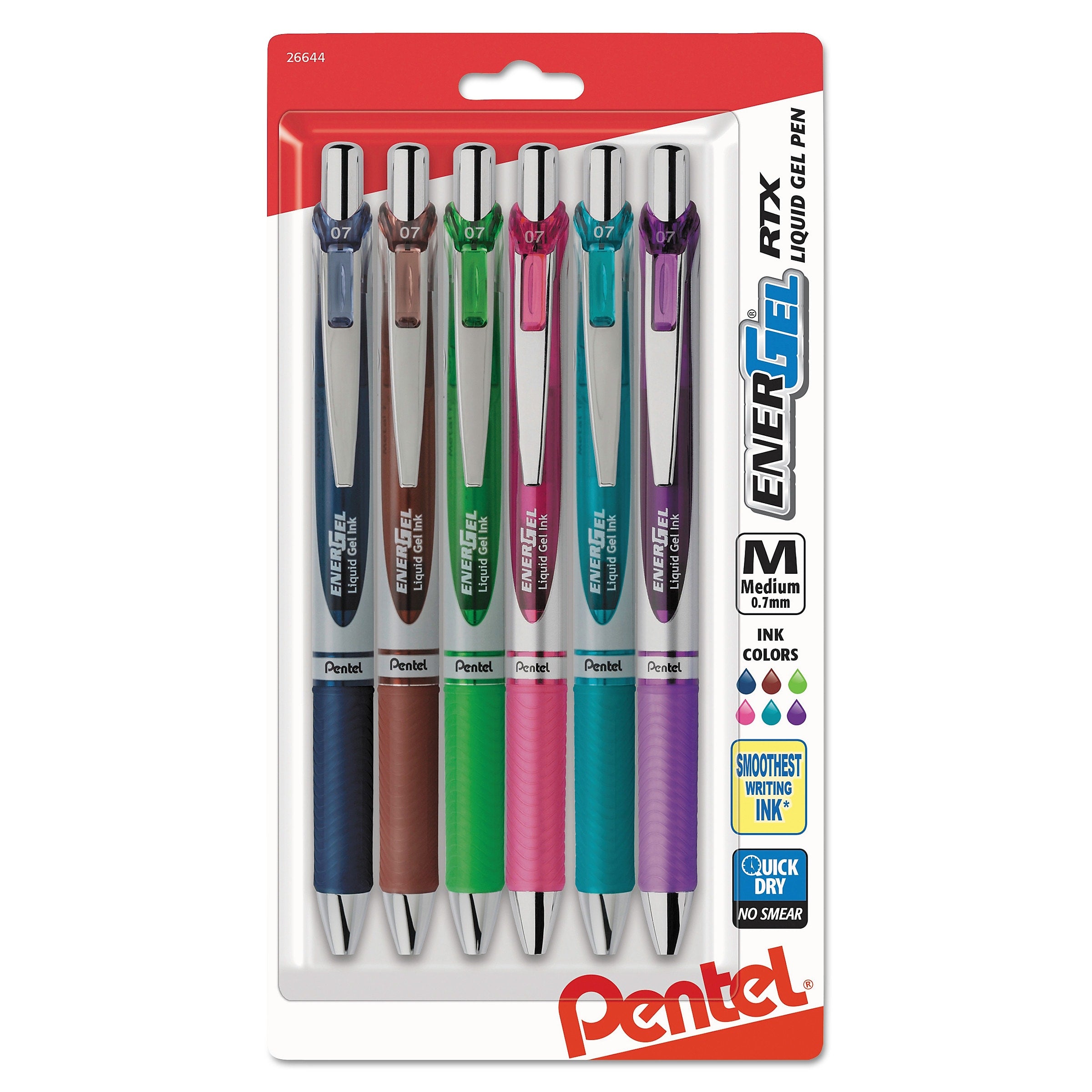 Pentel EnerGel RTX Retractable Gel Pen, Medium Point, 0.7 mm, Assorted Ink, 6/Pack (PENBL77BP6M1)