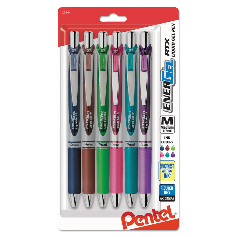 Pentel EnerGel RTX Retractable Gel Pen, Medium Point, 0.7 mm, Assorted Ink, 6/Pack (PENBL77BP6M1)