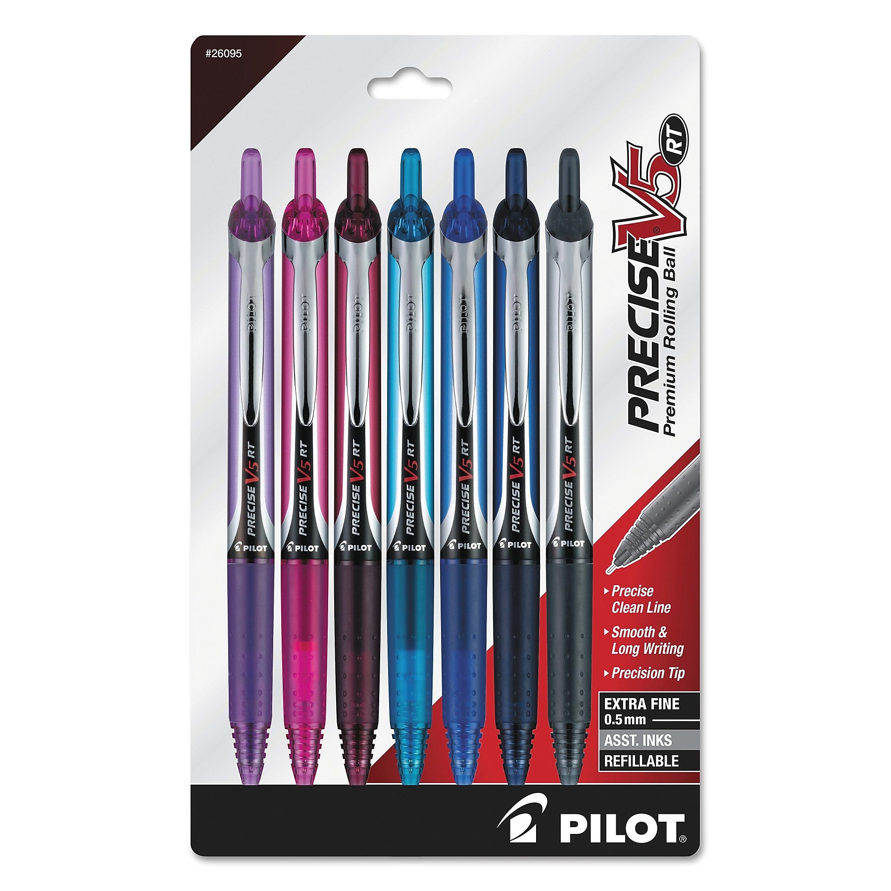 Pilot Precise V5RT Retractable Roller Ball Pen, 0.5mm, Assorted Ink/Barrel, 7/Pack (PIL26095)