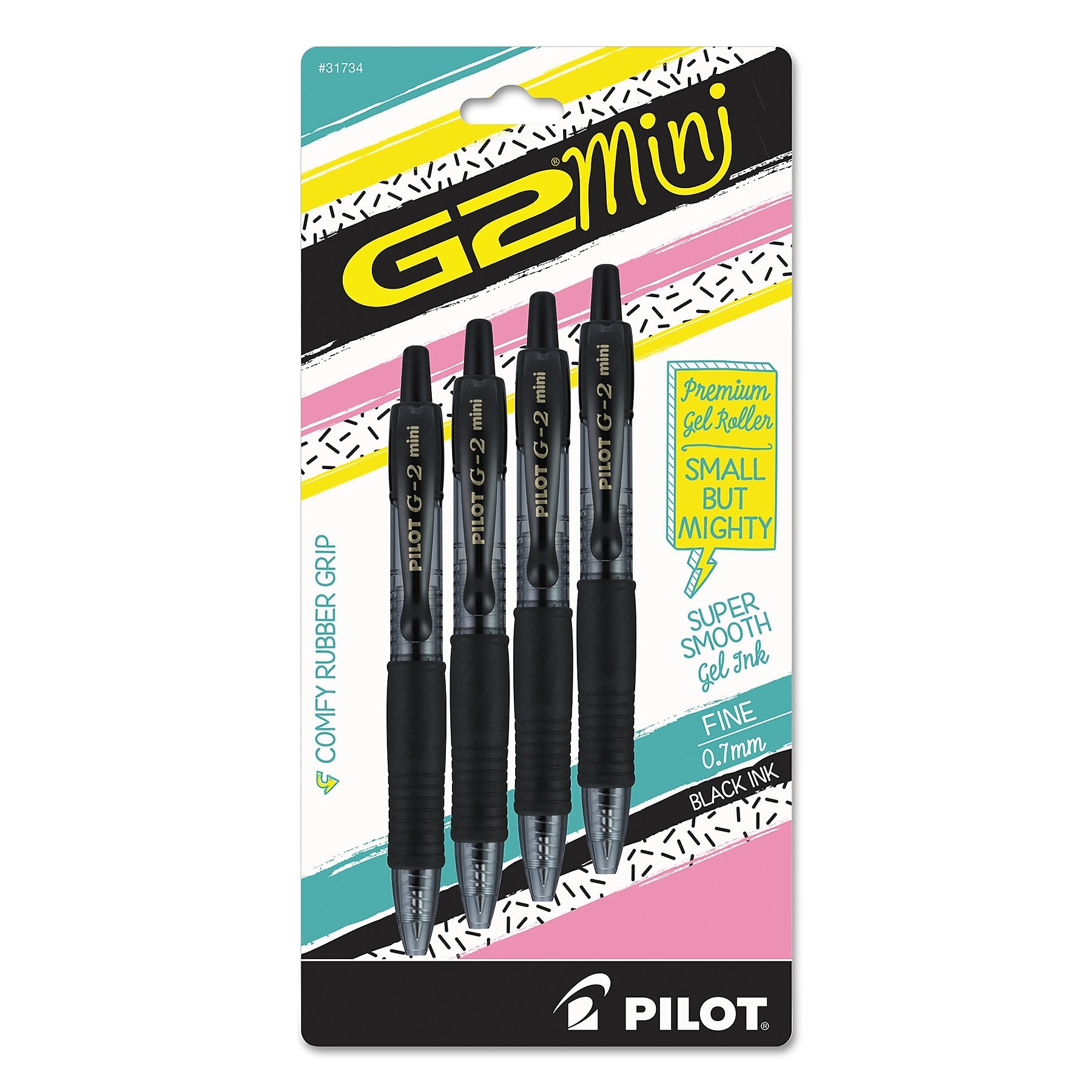 Pilot G2 Mini Retractable Gel Pen, Fine 0.7mm, Black Ink/Barrel, 4/Pack (PIL31734)
