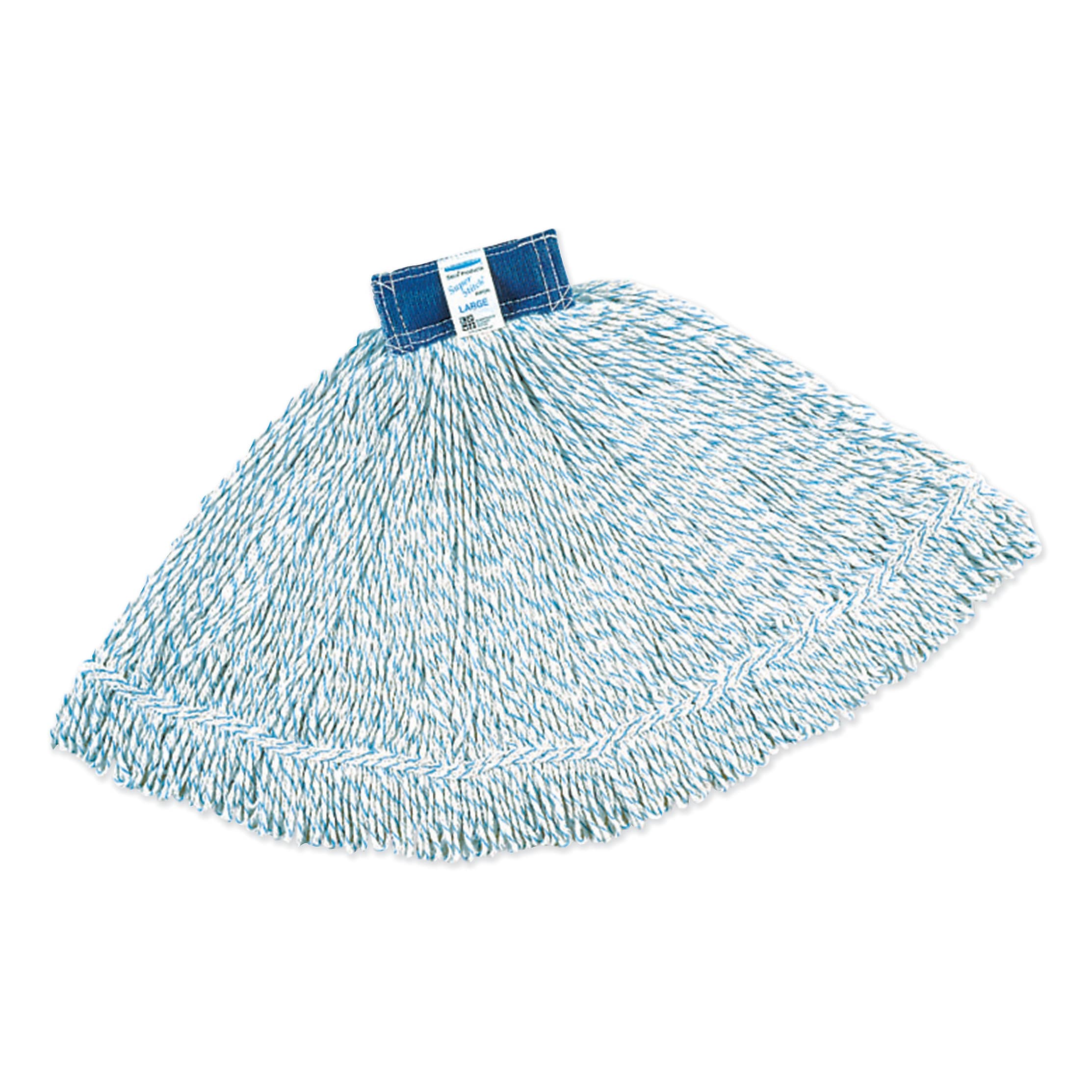Rubbermaid Super Stitch Finish Mops, Cotton/Synthetic, White, Large, 1-in. Blue Headband (RCPD513)