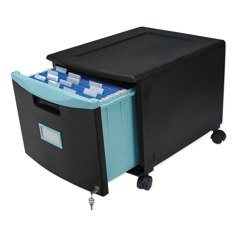 Storex Single-Drawer Mobile Filing Cabinet, 14.75w x 18.25d x 12.75h, Black/Teal (STX61270U01C)
