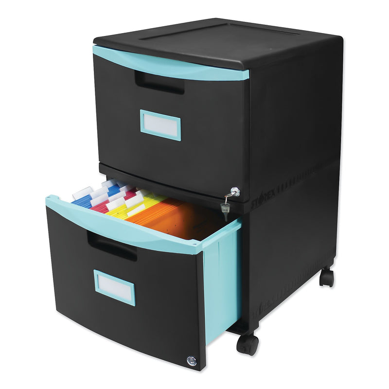 Storex Two-Drawer Mobile Filing Cabinet, 14.75w x 18.25d x 26h, Black/Teal (STX61315U01C)