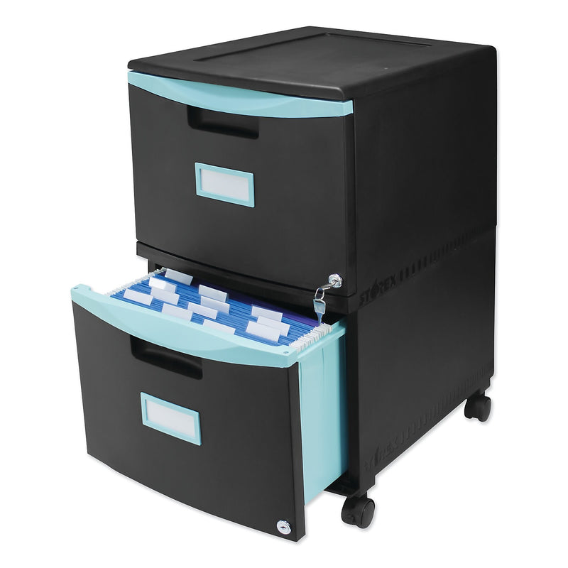Storex Two-Drawer Mobile Filing Cabinet, 14.75w x 18.25d x 26h, Black/Teal (STX61315U01C)