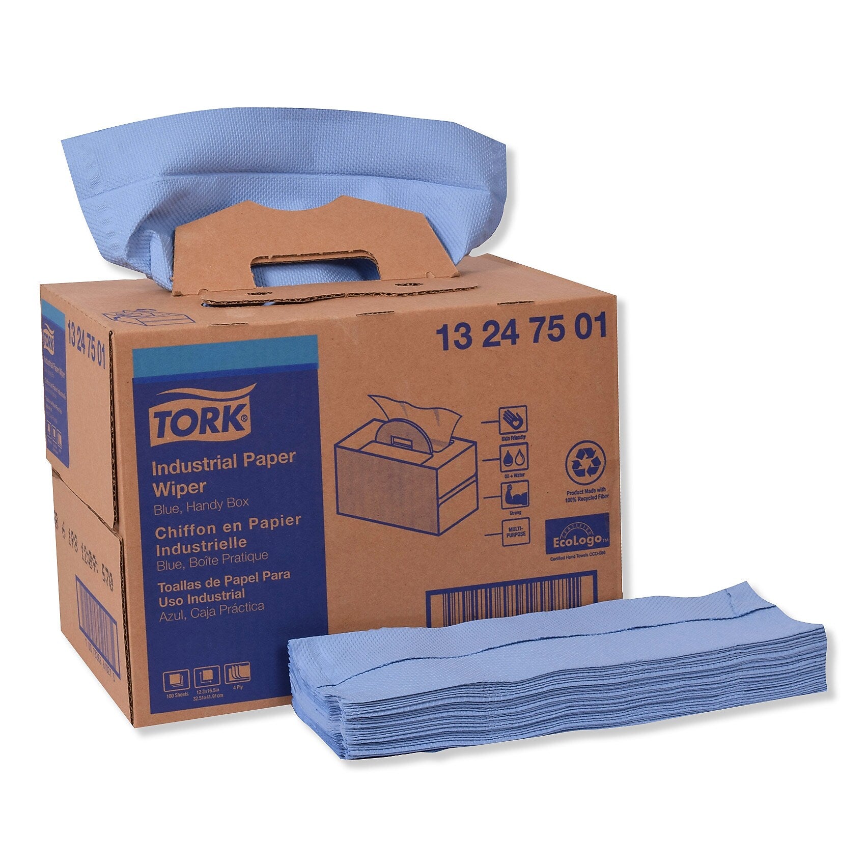 Tork Industrial Paper Wiper, 4-Ply, 12.8" x 16.5", Blue, 180/Carton (TRK13247501)