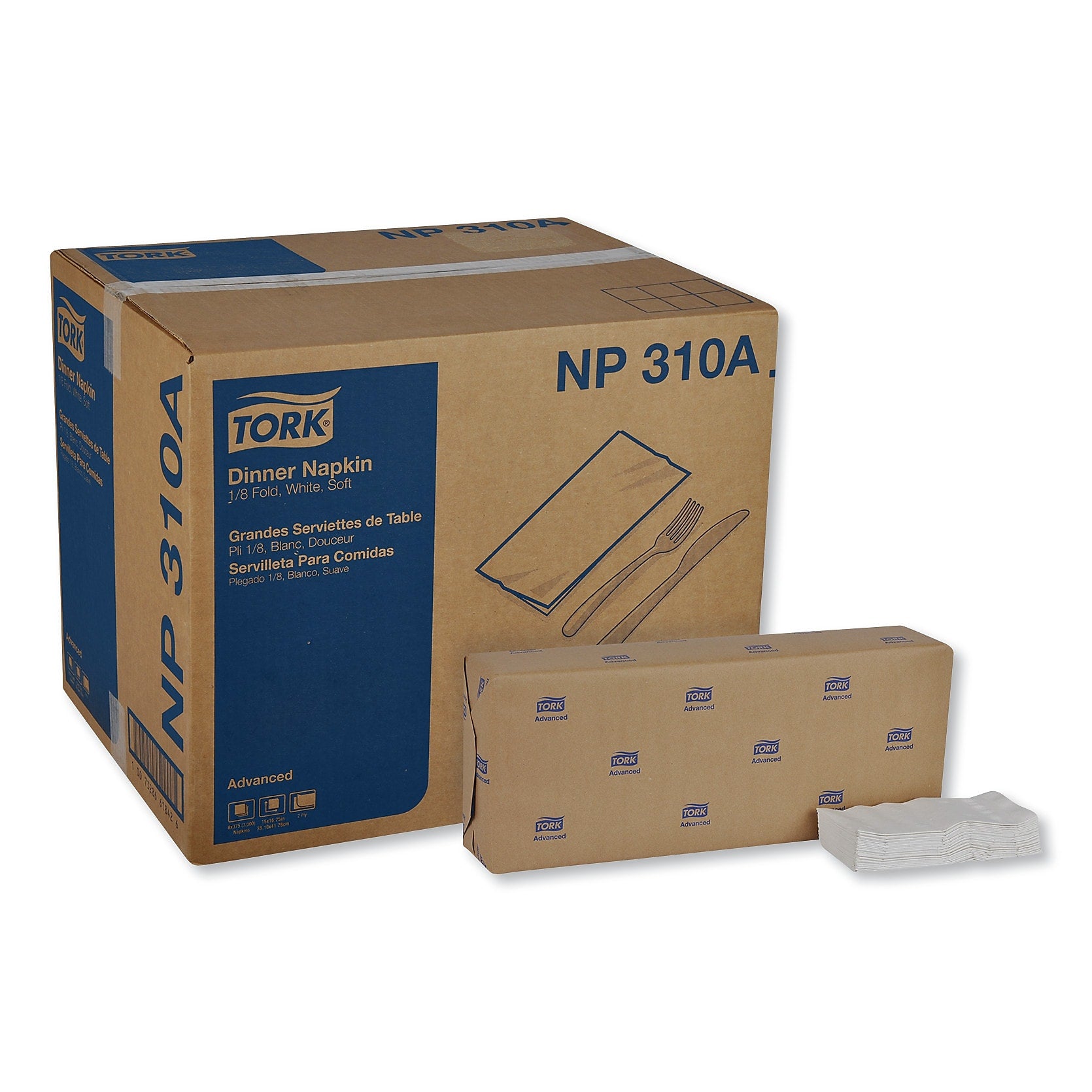 Tork Advanced Dinner Napkins, 2 Ply, 15" x 16.25", 1/8 Fold, White, 375/Packs, 8 Packs/Carton (TRKNP310A)