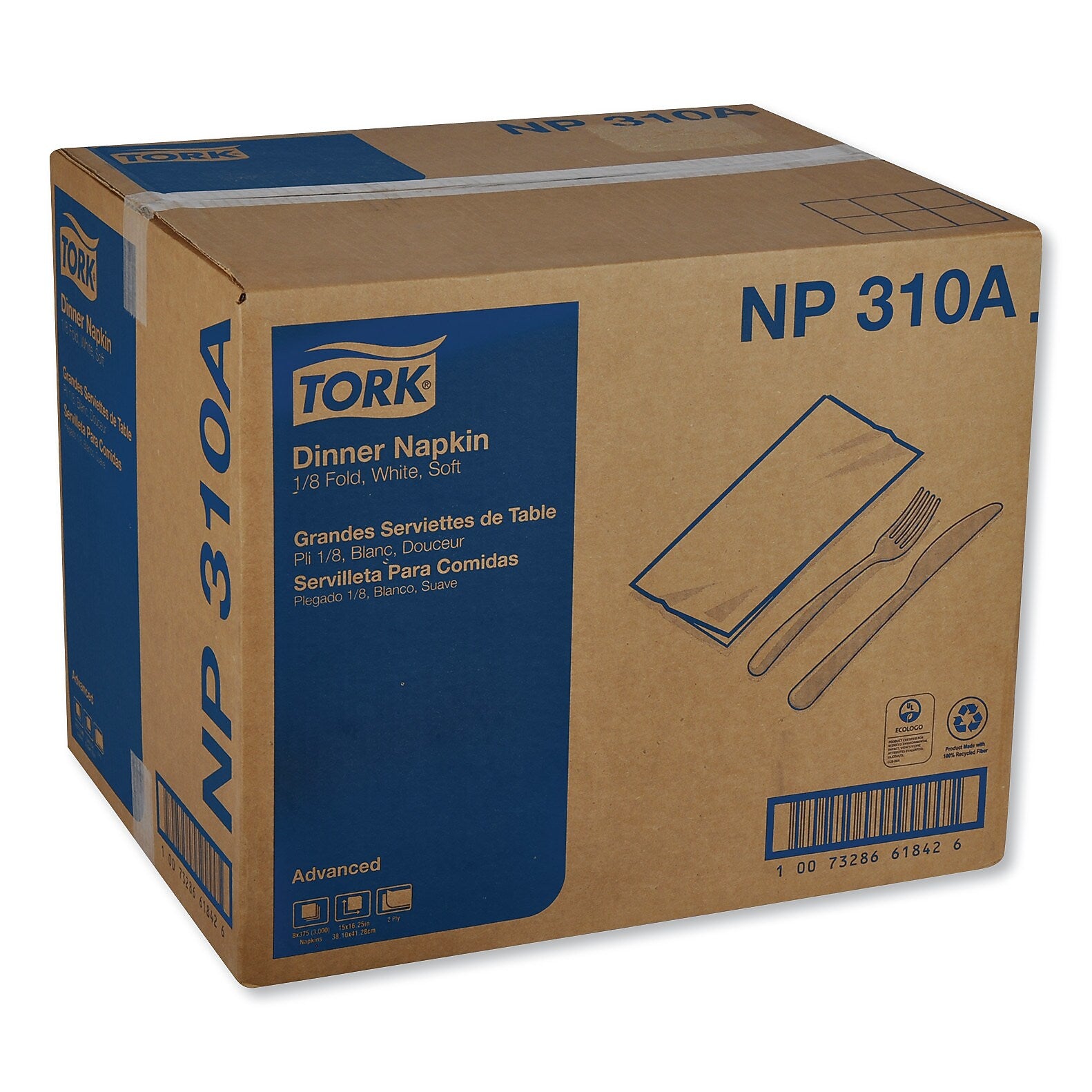 Tork Advanced Dinner Napkins, 2 Ply, 15" x 16.25", 1/8 Fold, White, 375/Packs, 8 Packs/Carton (TRKNP310A)