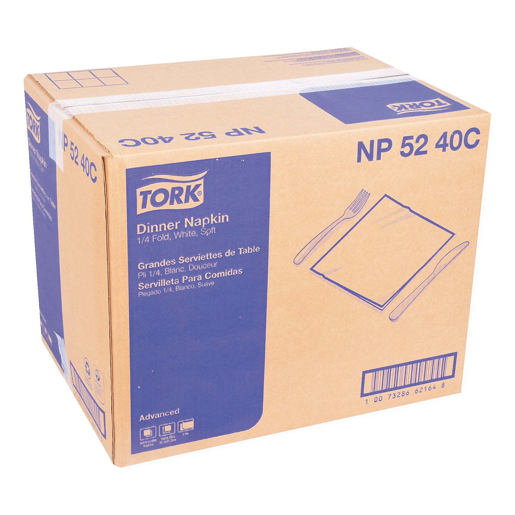 Tork Advanced Dinner Napkins, 2-Ply, 15" x 16.25", White, 375/Pack, 8 Packs/Carton (TRKNP5240C)