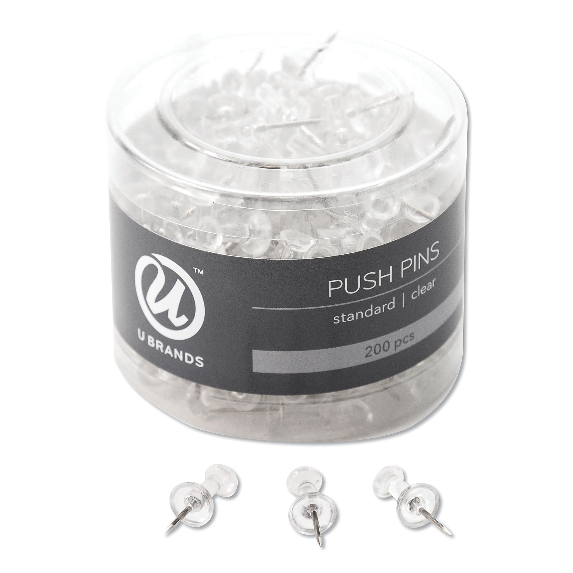 U Brands Standard Push Pins, Plastic, Clear, 7/16", 200/Pack (UBR658U0824)