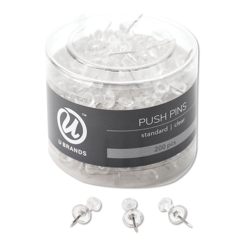 U Brands Standard Push Pins, Plastic, Clear, 7/16", 200/Pack (UBR658U0824)