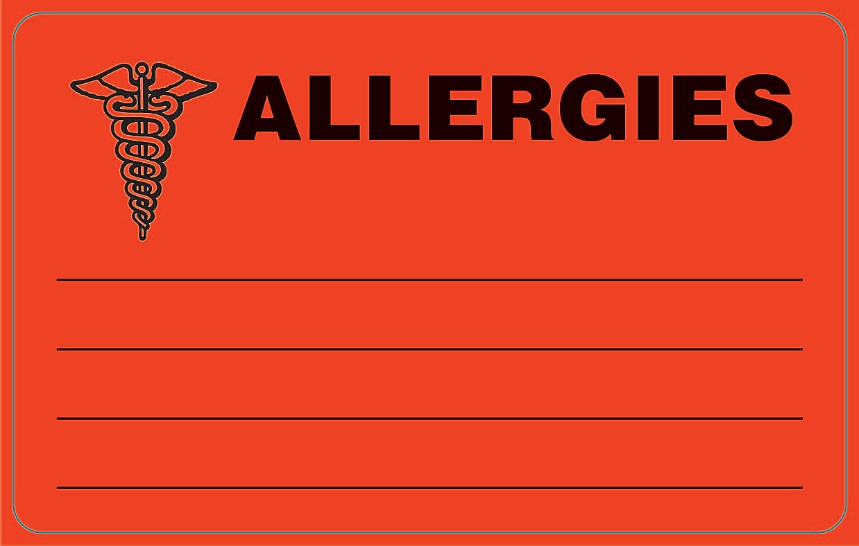Allergy Warning Medical Labels, Allergies, Fluorescent Red, 2-1/2x4", 100 Labels (37067)