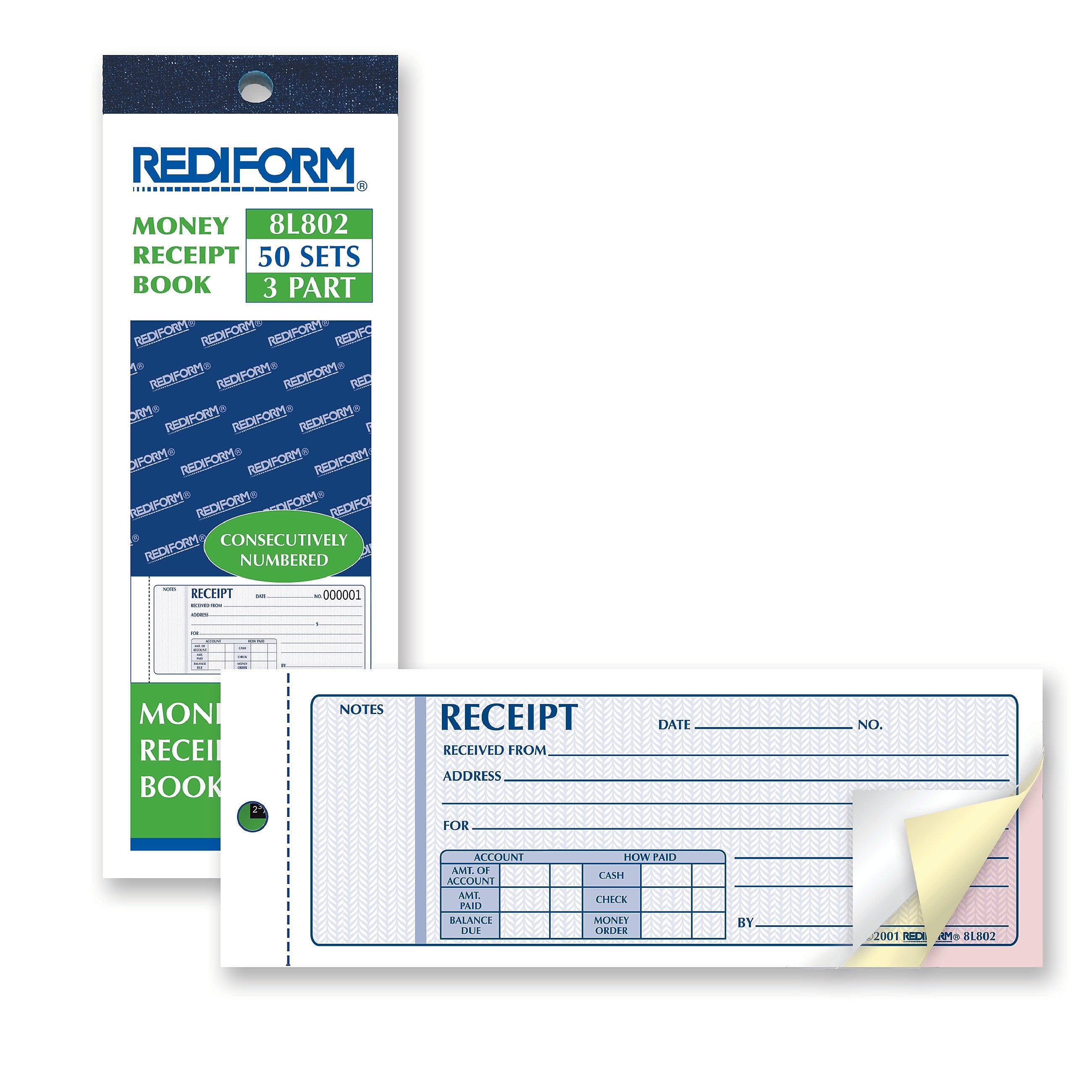 Rediform Money Receipts Collection Forms, Carbonless, 3 Parts, 2 3/4" x 7" (8L802)