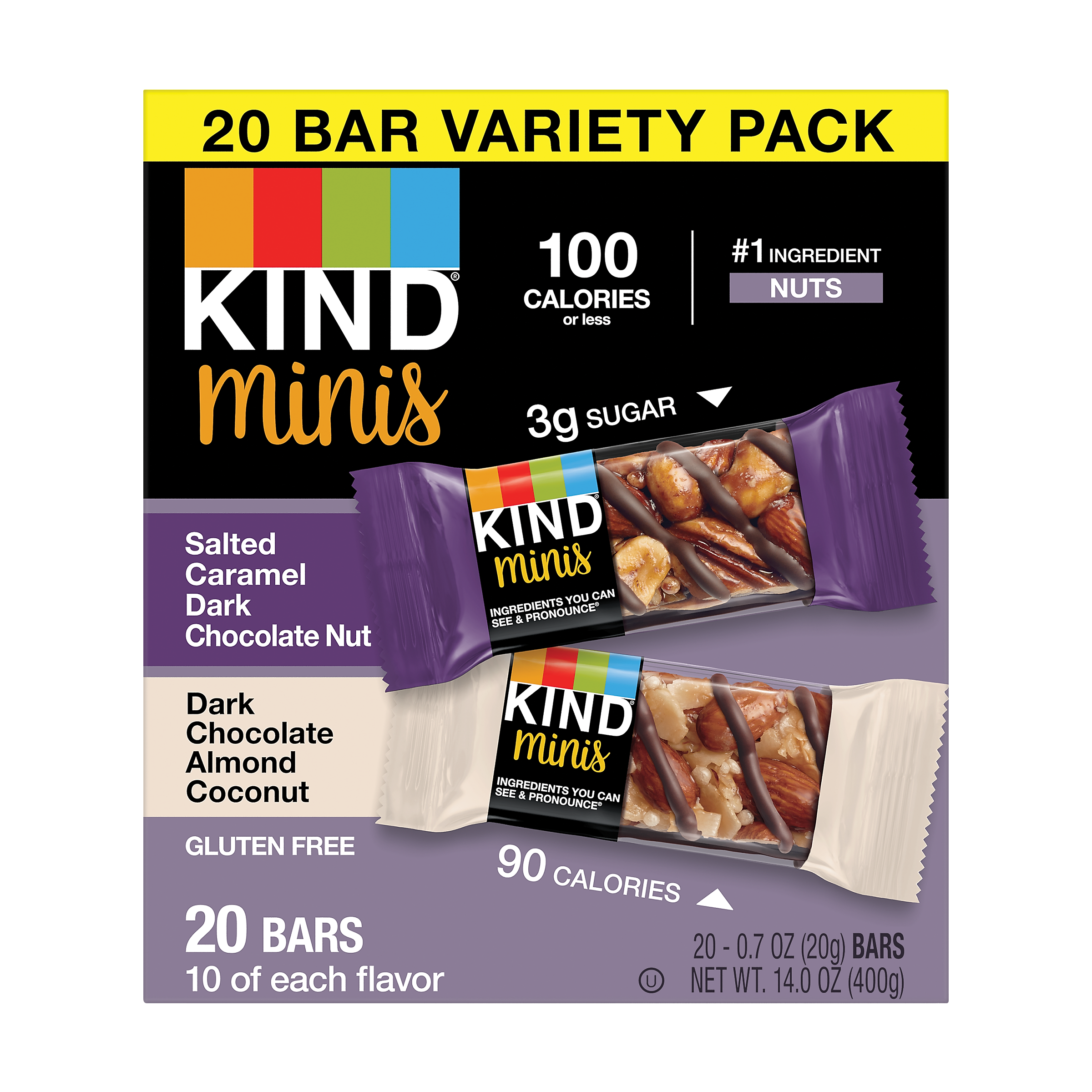 KIND Minis Bars, Salted Caramel Dark Chocolate Nut/Dark Chocolate Almond Coconut, 0.7 Oz., 20/Pack (27970)