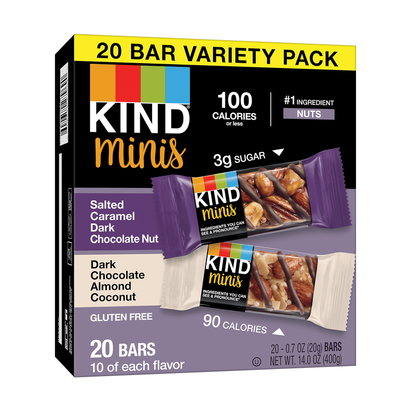 KIND Minis Bars, Salted Caramel Dark Chocolate Nut/Dark Chocolate Almond Coconut, 0.7 Oz., 20/Pack (27970)