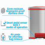 halo TapCan Stainless Steel Rectangular Pedal Sensor Trash Can with AbsorbX Odor Control System, Red Trim, 13 Gal. (TC13SR)