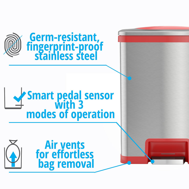 halo TapCan Stainless Steel Rectangular Pedal Sensor Trash Can with AbsorbX Odor Control System, Red Trim, 13 Gal. (TC13SR)