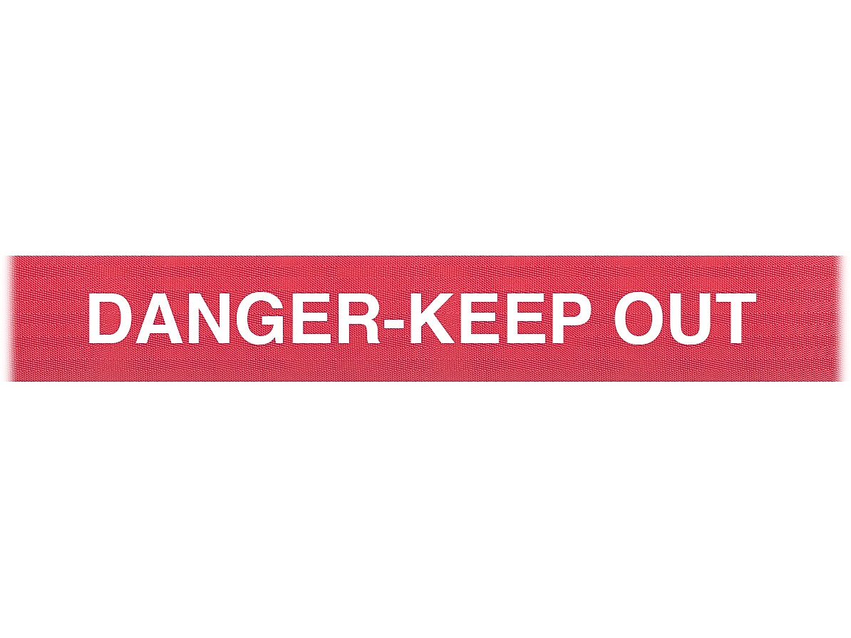 Queue Solutions WeatherMaster 250 2" Yellow Nylon Crowd Control Belt Barrier, Red - DANGER KEEP OUT (WMR250Y-RWD110)
