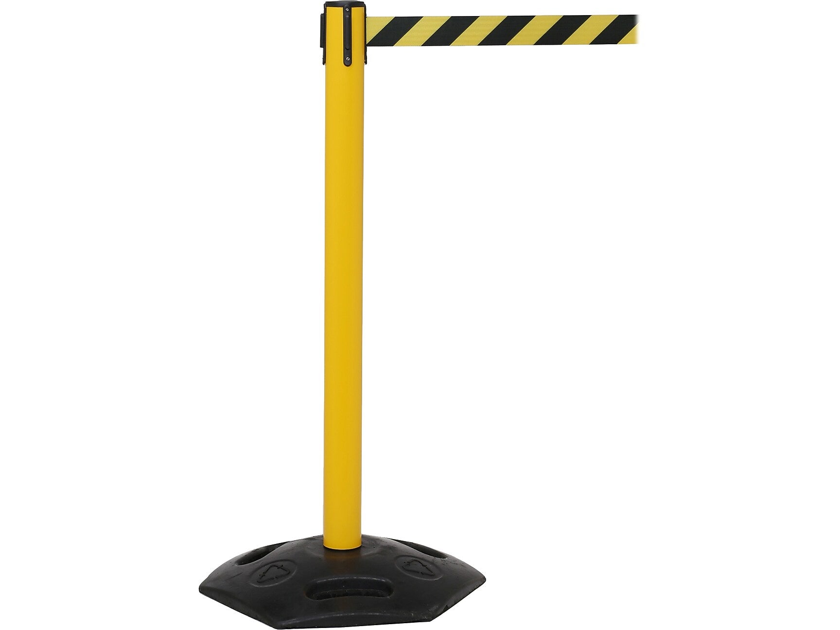 Queue Solutions WeatherMaster 250 2" Yellow Nylon Crowd Control Belt Barrier, Yellow - CAUTION WET FLOOR (WMR250Y-YBCWF110)