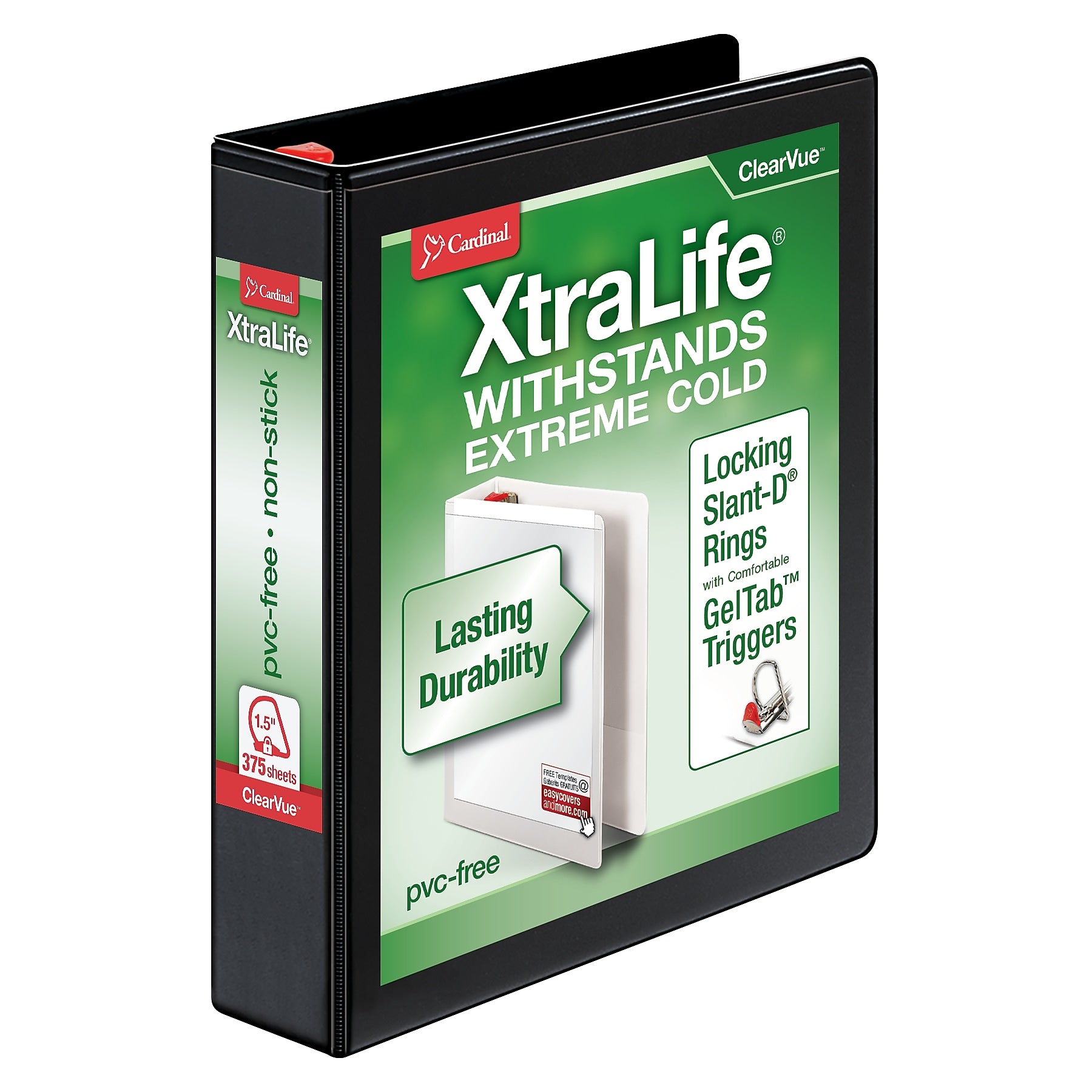 Cardinal XtraLife ClearVue Heavy Duty 1 1/2" 3-Ring View Binders, D-Ring, Black (26311)