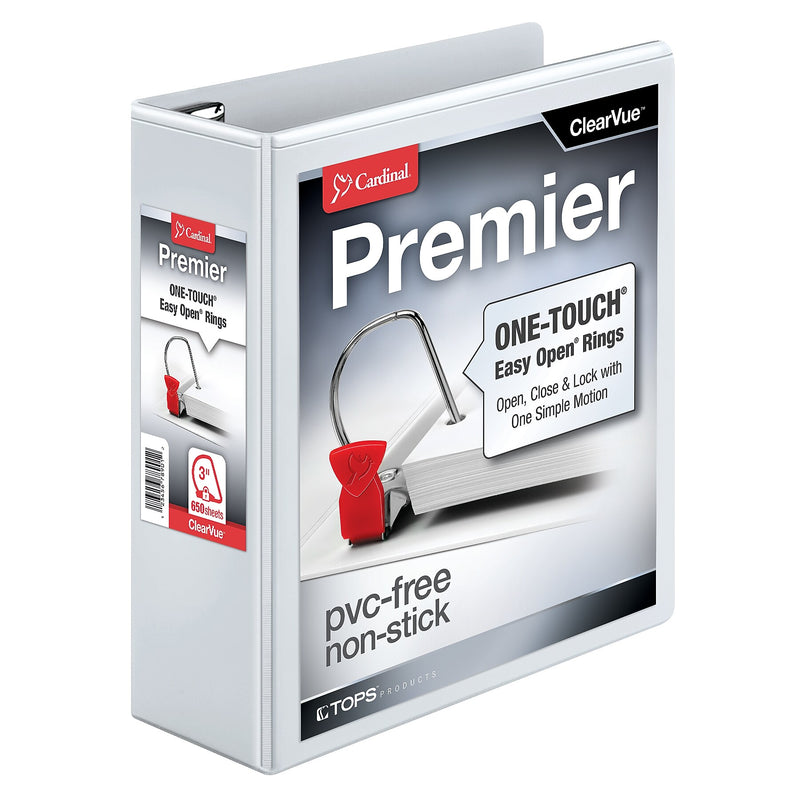 Cardinal Easy Open ClearVue Locking Heavy Duty 3" 3-Ring View Binders, D-Ring, White (10330)