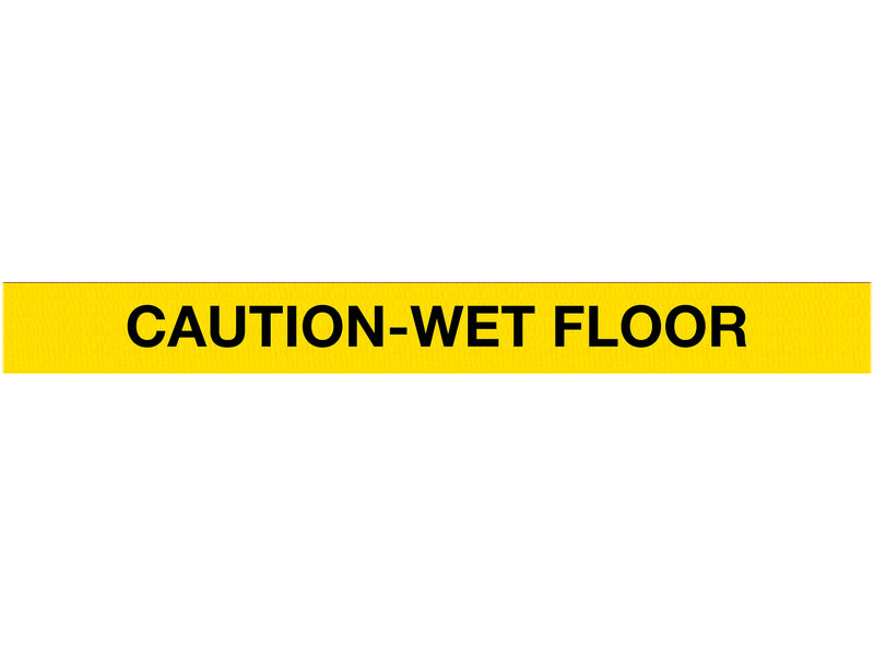 Queue Solutions WeatherMaster 250 2" Red Nylon Crowd Control Belt Barrier, Yellow - CAUTION WET FLOOR (WMR250R-YBCWF110)